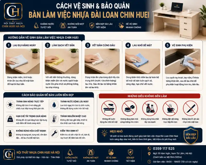 Cách vệ sinh & bảo quản bàn làm việc nhựa Đài Loan Chin Huei
