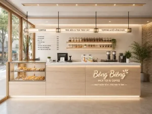 Quầy bar pha chế cafe chữ L bằng nhựa Đài Loan giả gỗ CH-QB02