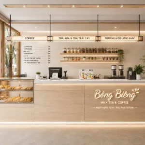 Quầy bar pha chế cafe chữ L bằng nhựa Đài Loan giả gỗ CH-QB02