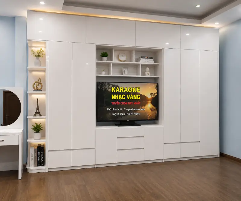 Tủ quần áo 5 cánh mở kịch trần có kệ tivi giữa nhựa Đài Loan Chin Huei CH-T5C08