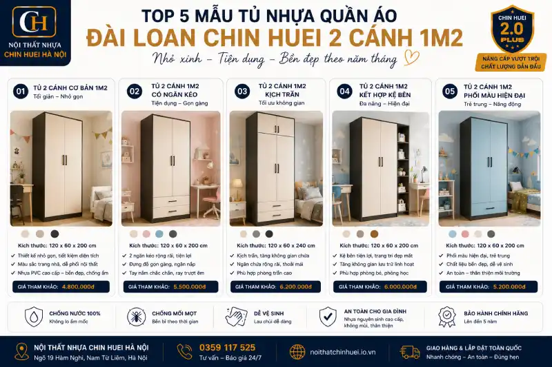mẫu Tủ nhựa quần áo Đài Loan Chin Huei 2 cánh 1m2 nhỏ xinh