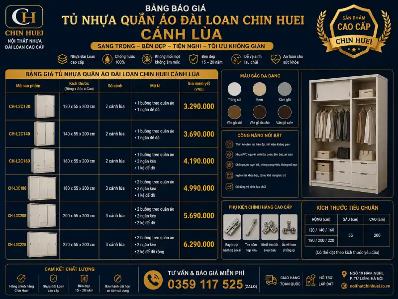 Bảng báo giá tủ nhựa quần áo Đài Loan Chin Huei cánh lùa