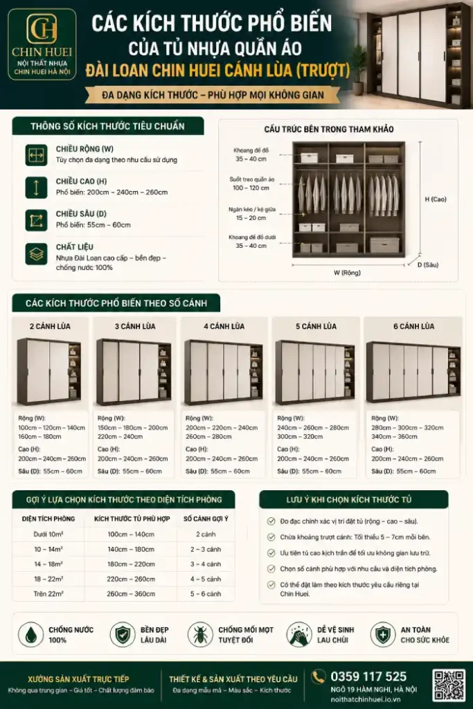 Các kích thước phổ biến của tủ nhựa quần áo Đài Loan Chin Huei cánh lùa
