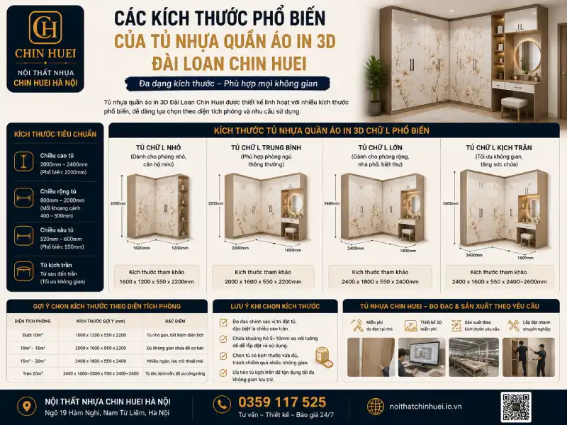 Các kích thước phổ biến của tủ nhựa quần áo in 3D Đài Loan Chin Huei