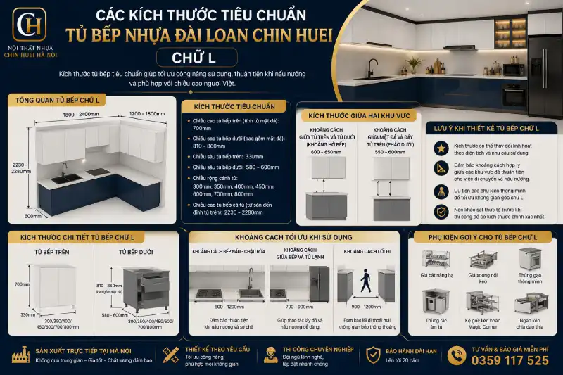 Các kích thước tiêu chuẩn của tủ bếp nhựa Đài Loan Chin Huei chữ L