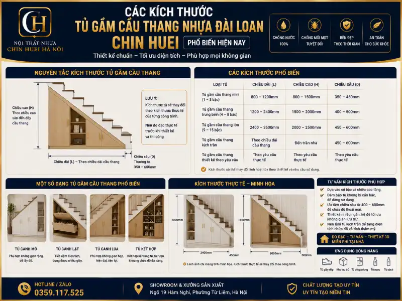 Các kích thước tủ gầm cầu thang nhựa Đài Loan Chin Huei phổ biến hiện nay