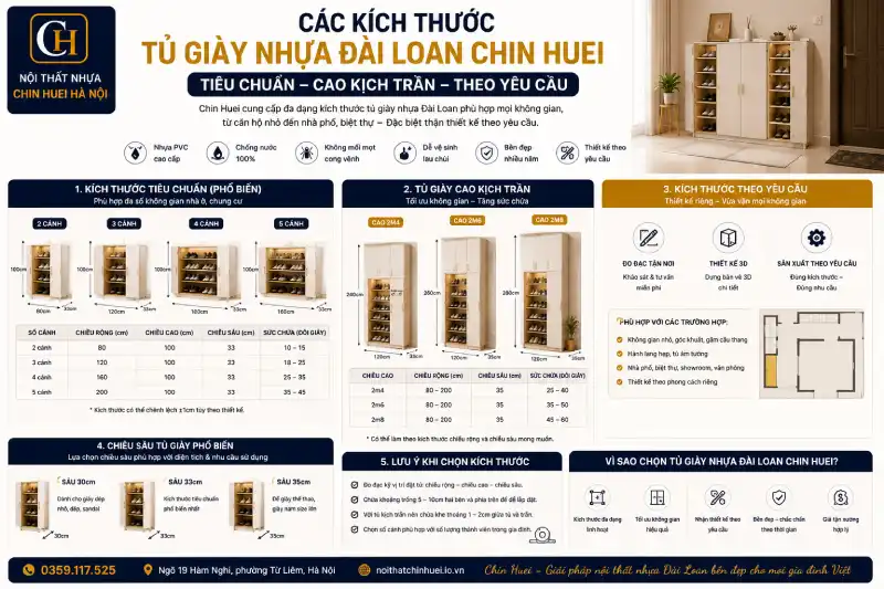 Các kích thước tủ giày nhựa Đài Loan Chin Huei tiêu chuẩn - cao kịch trần & theo yêu cầu