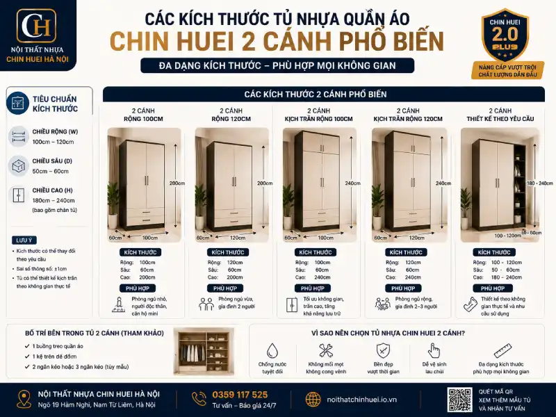 Các kích thước tủ nhựa quần áo Đài Loan Chin Huei 2 cánh phổ biến