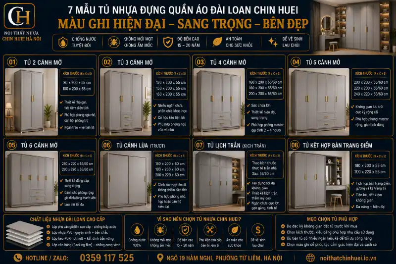 Các mẫu tủ nhựa đựng quần áo Đài Loan Chin Huei màu ghi