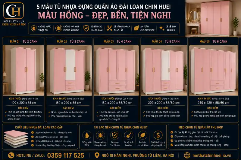 Các mẫu tủ nhựa đựng quần áo Đài Loan màu hồng