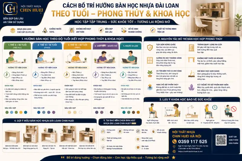 Cách bố trí hướng bàn học nhựa Đài Loan theo tuổi phong thủy & khoa học