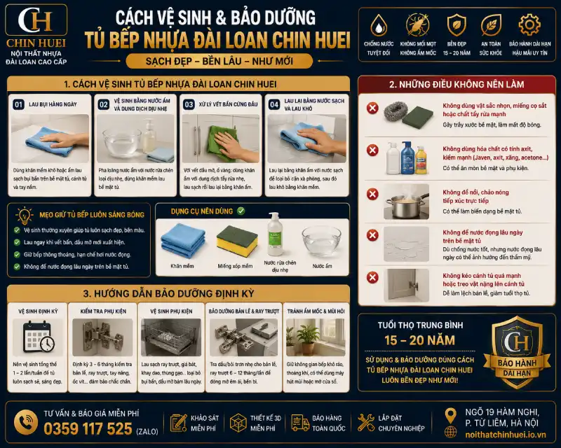Cách vệ sinh và bảo dưỡng tủ bếp nhựa Đài Loan Chin Huei