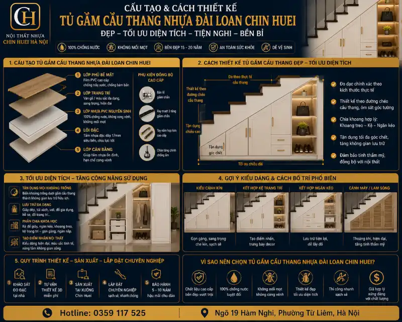 Cấu tạo và cách thiết kế tủ gầm cầu thang nhựa Đài Loan Chin Huei đẹp tối ưu diện tích