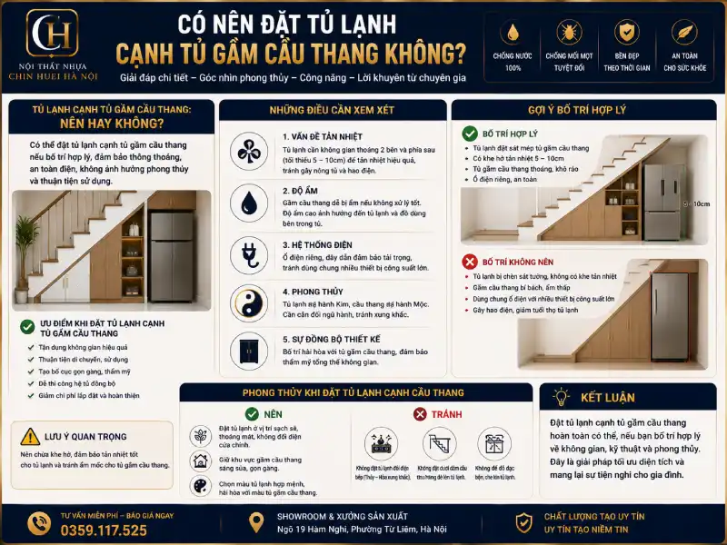 Có nên đặt tủ lạnh cạnh tủ gầm cầu thang không