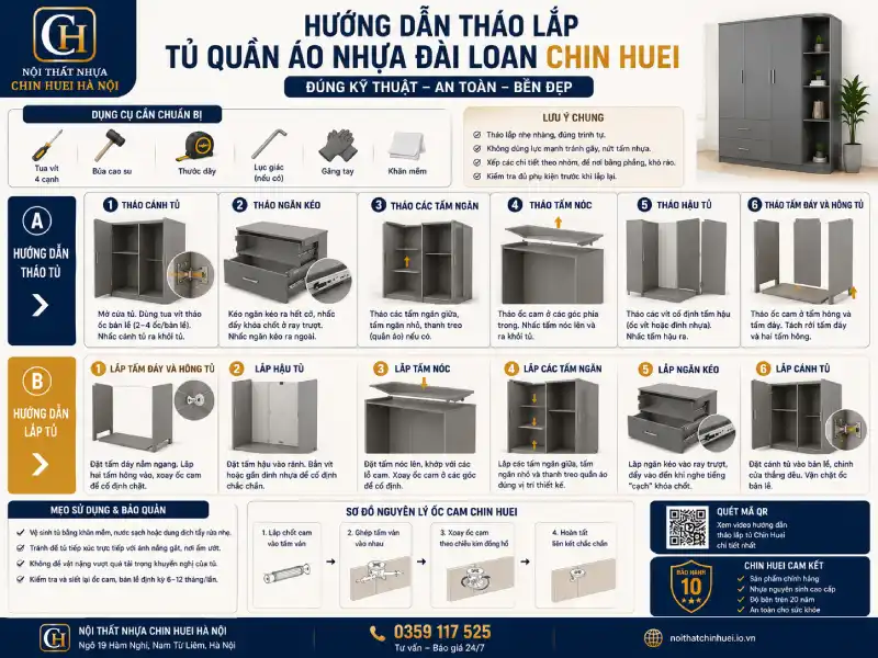 Hướng dẫn tháo lắp tủ quần áo nhựa Đài Loan Chin Huei đúng kỹ thuật