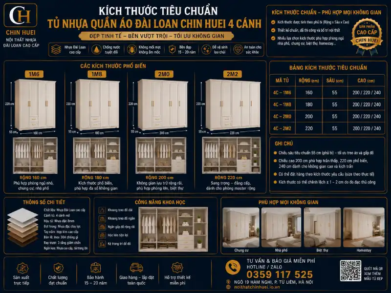 Kích thước tiêu chuẩn tủ nhựa quần áo Đài Loan Chin Huei 4 cánh