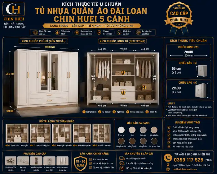 Kích thước tiêu chuẩn tủ nhựa quần áo Đài Loan Chin Huei 5 cánh