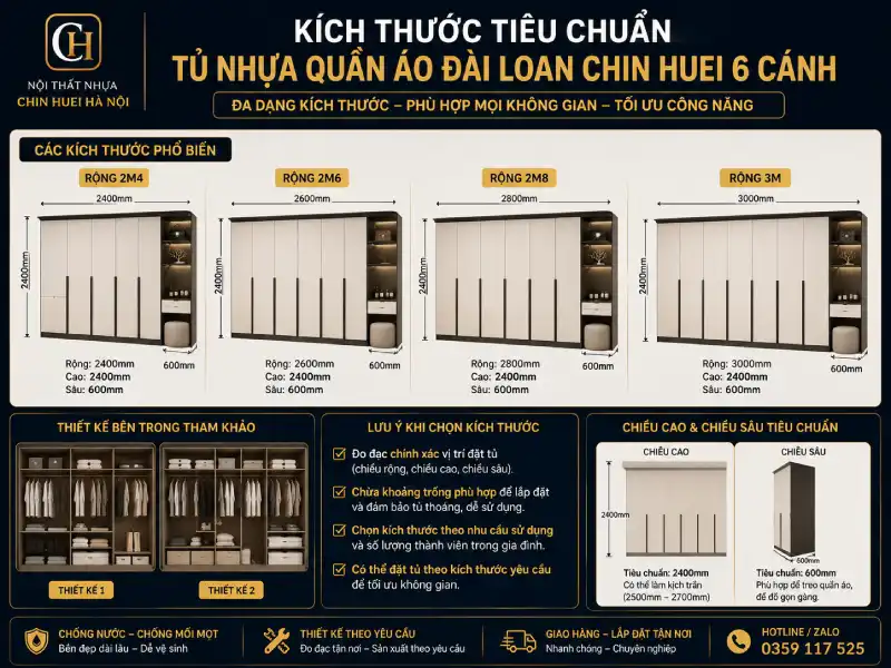 Kích thước tiêu chuẩn tủ nhựa quần áo Đài Loan Chin Huei 6 cánh