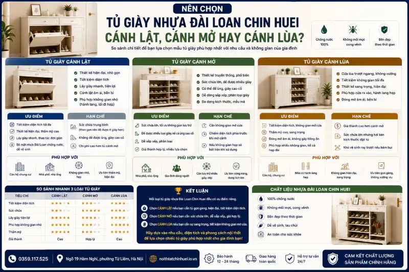 Nên chọn tủ giày nhựa Đài Loan Chin Huei cánh lật hay cánh mở hay cánh lùa