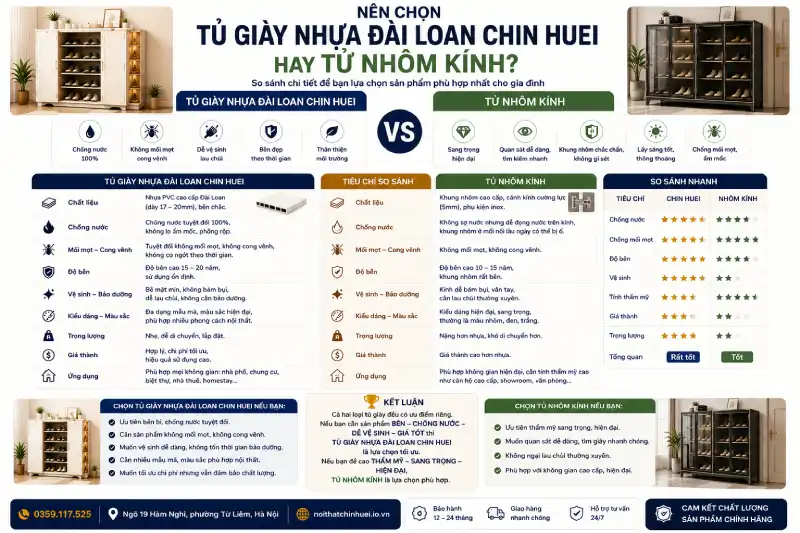 Nên chọn tủ giày nhựa Đài Loan Chin Huei hay tủ nhôm kính