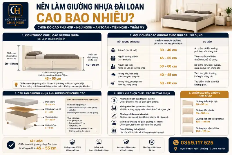 Nên làm giường nhựa Đài Loan Chin Huei cao bao nhiêu