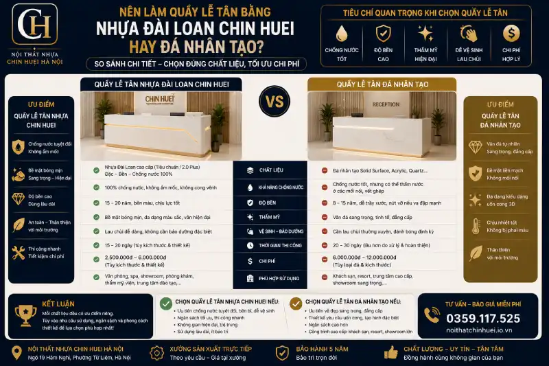 Nên làm quầy lễ tân bằng nhựa Đài Loan Chin Huei hay đá nhân tạo