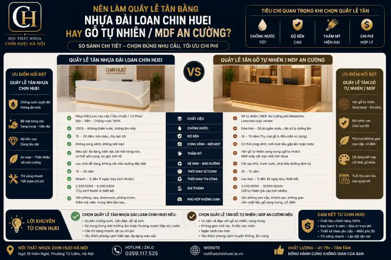 Nên làm quầy lễ tân bằng nhựa Đài Loan Chin Huei hay gỗ tự nhiên/MDF An Cường