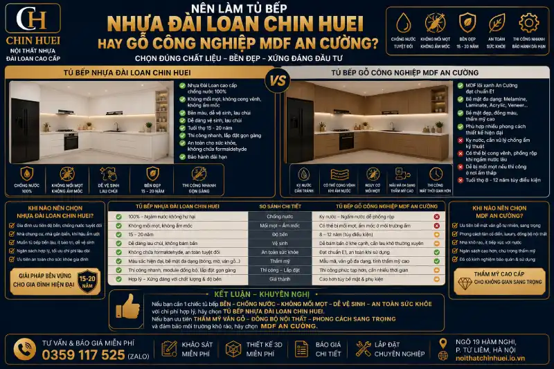 Nên làm tủ bếp nhựa Đài Loan Chin Huei hay gỗ công nghiệp mdf An Cường