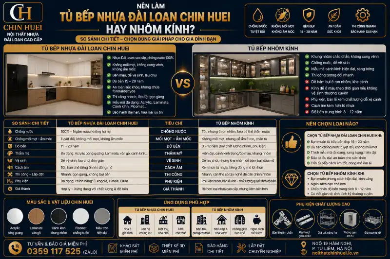 Nên làm tủ bếp nhựa Đài Loan Chin Huei hay nhôm kính