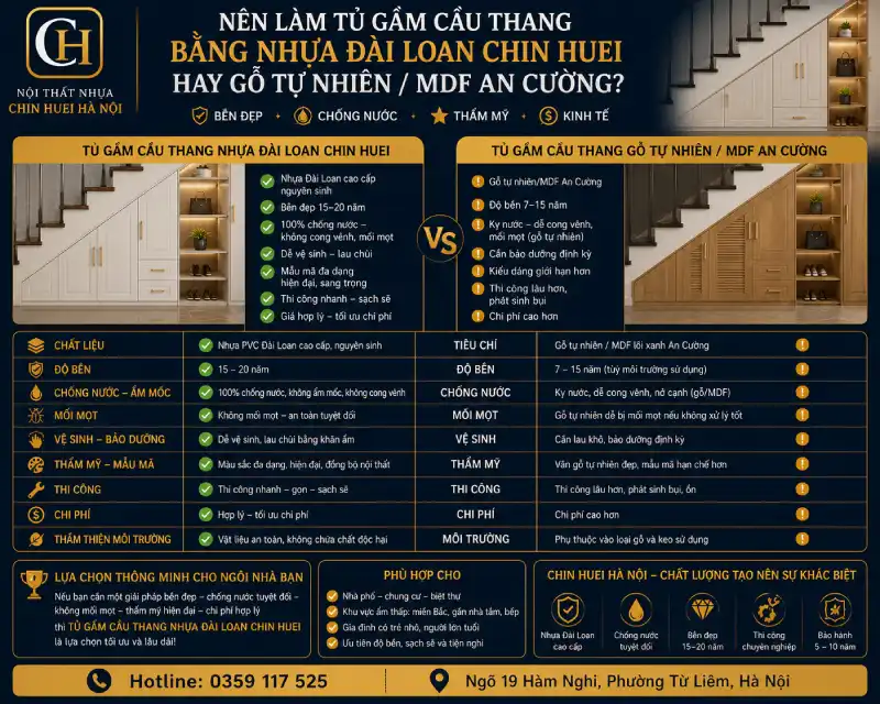 Nên làm tủ gầm cầu thang bằng nhựa Đài Loan Chin Huei hay gỗ tự nhiên/mdf An Cường