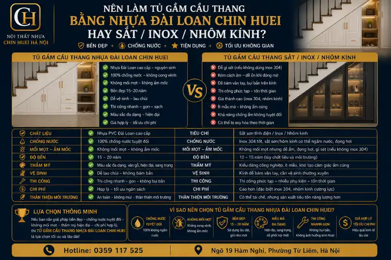 Nên làm tủ gầm cầu thang bằng nhựa Đài Loan Chin Huei hay sắt/inox/nhôm kính