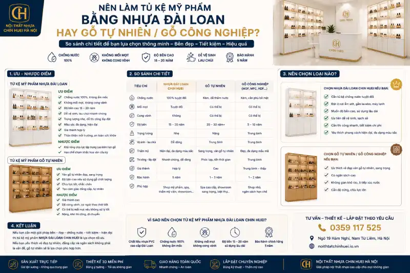Nên làm tủ kệ mỹ phẩm bằng nhựa Đài Loan hay gỗ tự nhiên/công nghiệp
