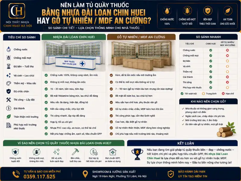Nên làm tủ quầy thuốc bằng nhựa Đài Loan Chin Huei hay gỗ tự nhiên/mdf