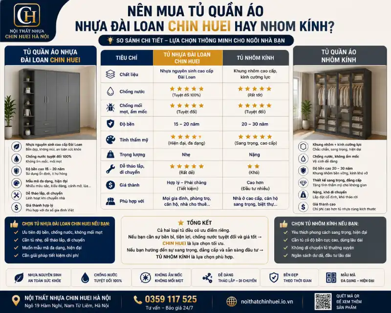 Nên mua tủ quần áo nhựa Đài Loan Chin Huei hay nhôm kính