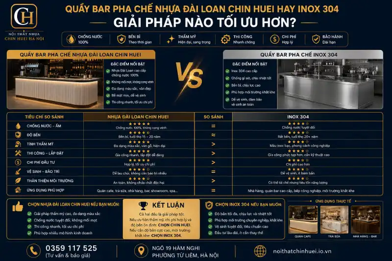 Quầy bar pha chế nhựa Đài Loan Chin Huei hay inox 304
