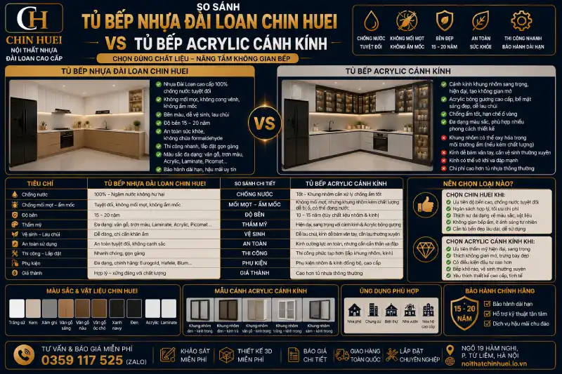 So sánh tủ bếp nhựa Đài Loan Chin Huei và Acrylic cánh kính