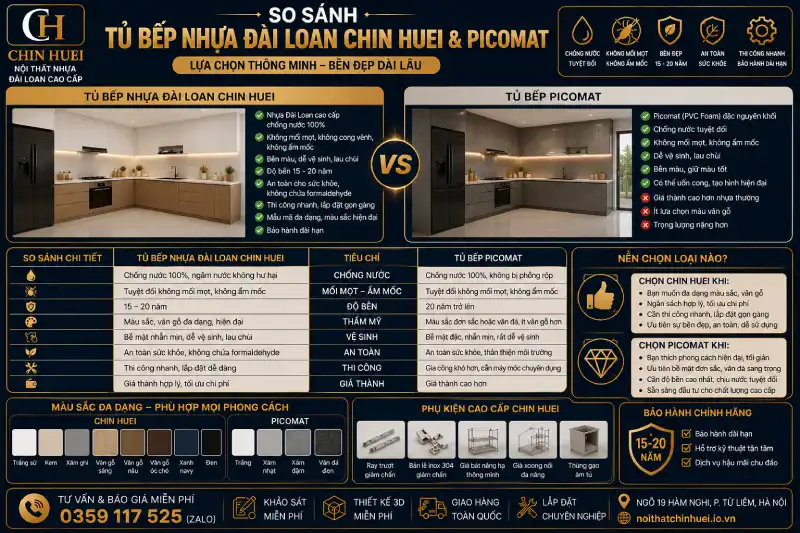 So sánh tủ bếp nhựa Đài Loan Chin Huei và Picomat