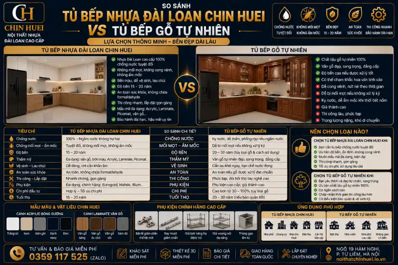 So sánh tủ bếp nhựa Đài Loan Chin Huei và gỗ tự nhiên