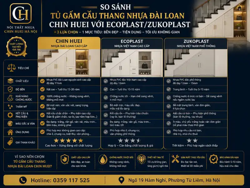 So sánh tủ gầm cầu thang nhựa Đài Loan Chin Huei với Ecoplast/Zukoplast