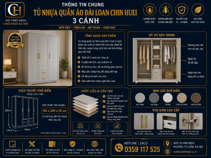 Thông tin chung về tủ nhựa quần áo Đài Loan Chin Huei 3 cánh
