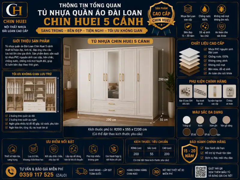 Thông tin tổng quan tủ nhựa quần áo Đài Loan Chin Huei 5 cánh