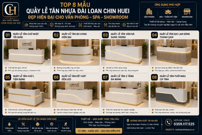 Top 8 mẫu quầy lễ tân nhựa Đài Loan Chin Huei đẹp hiện đại cho văn phòng - spa - showroom