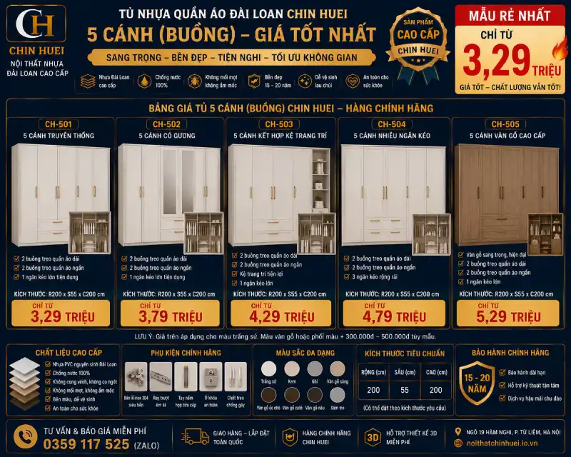 Tủ nhựa quần áo Đài Loan 5 cánh (buồng) giá bao nhiêu