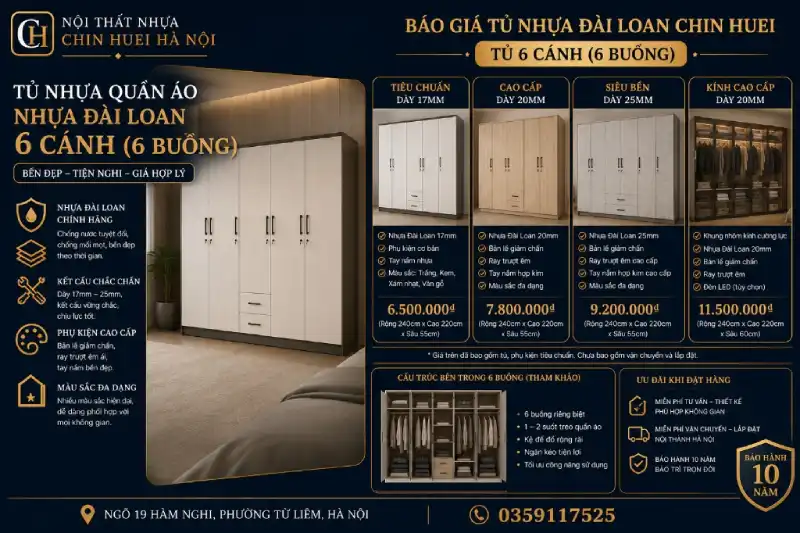 Tủ nhựa quần áo Đài Loan 6 cánh (buồng) giá bao nhiêu