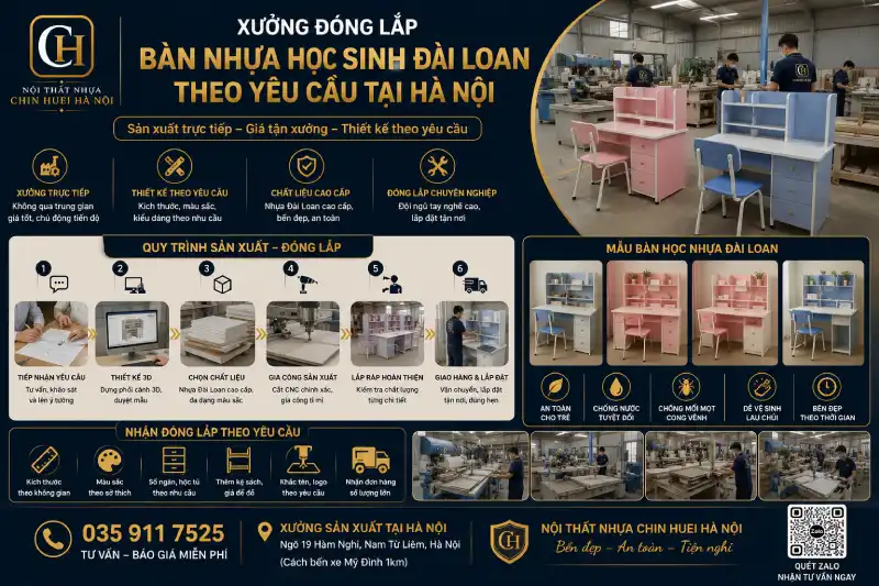 Xưởng đóng lắp bàn nhựa học sinh Đài Loan theo yêu cầu tại Hà Nội