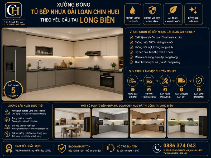 Xưởng đóng tủ bếp nhựa Đài Loan Chin Huei theo yêu cầu tại Long Biên