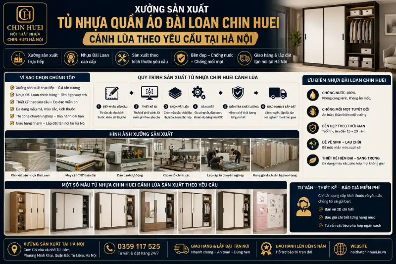 Xưởng sản xuất tủ nhựa quần áo Đài Loan Chin Huei cánh lùa theo yêu cầu tại Hà Nội