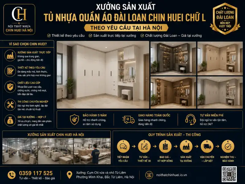 Xưởng sản xuất tủ nhựa quần áo Đài Loan Chin Huei chữ L theo yêu cầu tại Hà Nội
