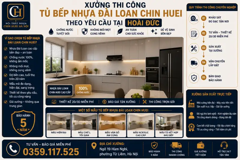 Xưởng thi công tủ bếp nhựa Đài Loan Chin Huei theo yêu cầu tại Hoài Đức