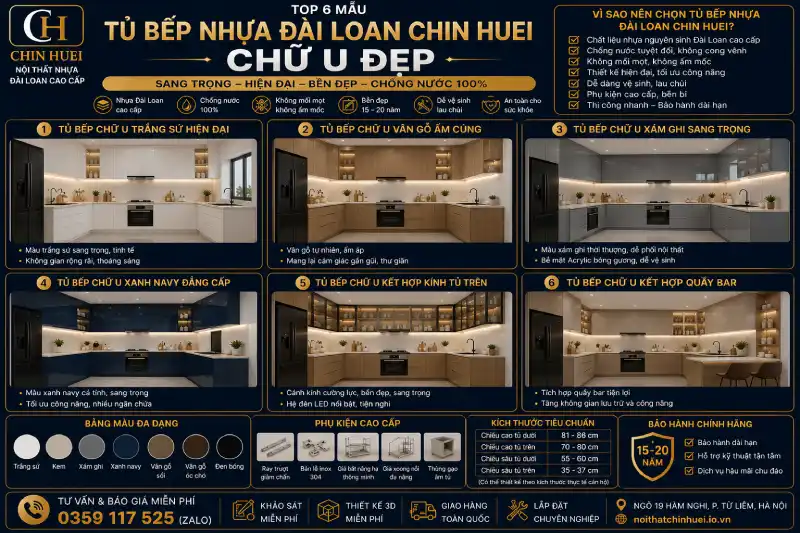 mẫu tủ bếp nhựa Đài Loan Chin Huei chữ U đẹp